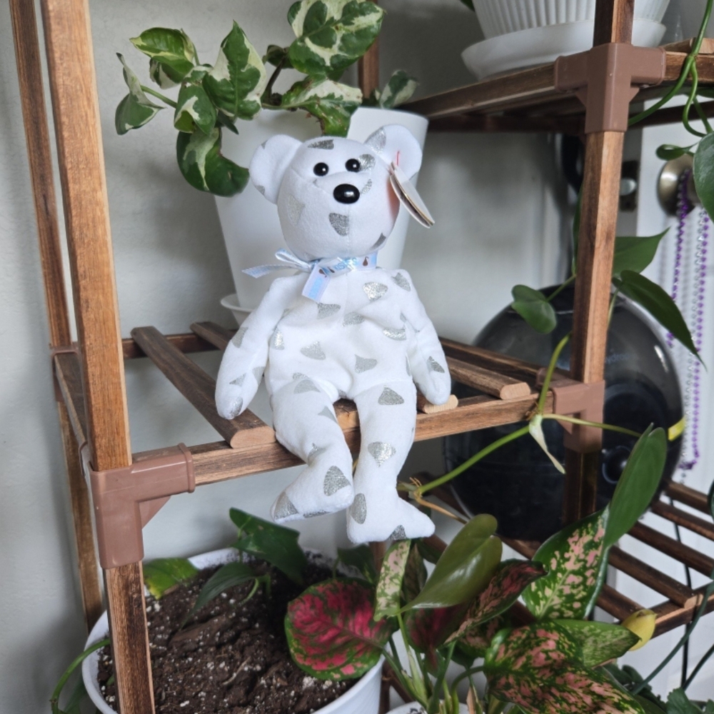 White Bear Plush with Silver Hearts